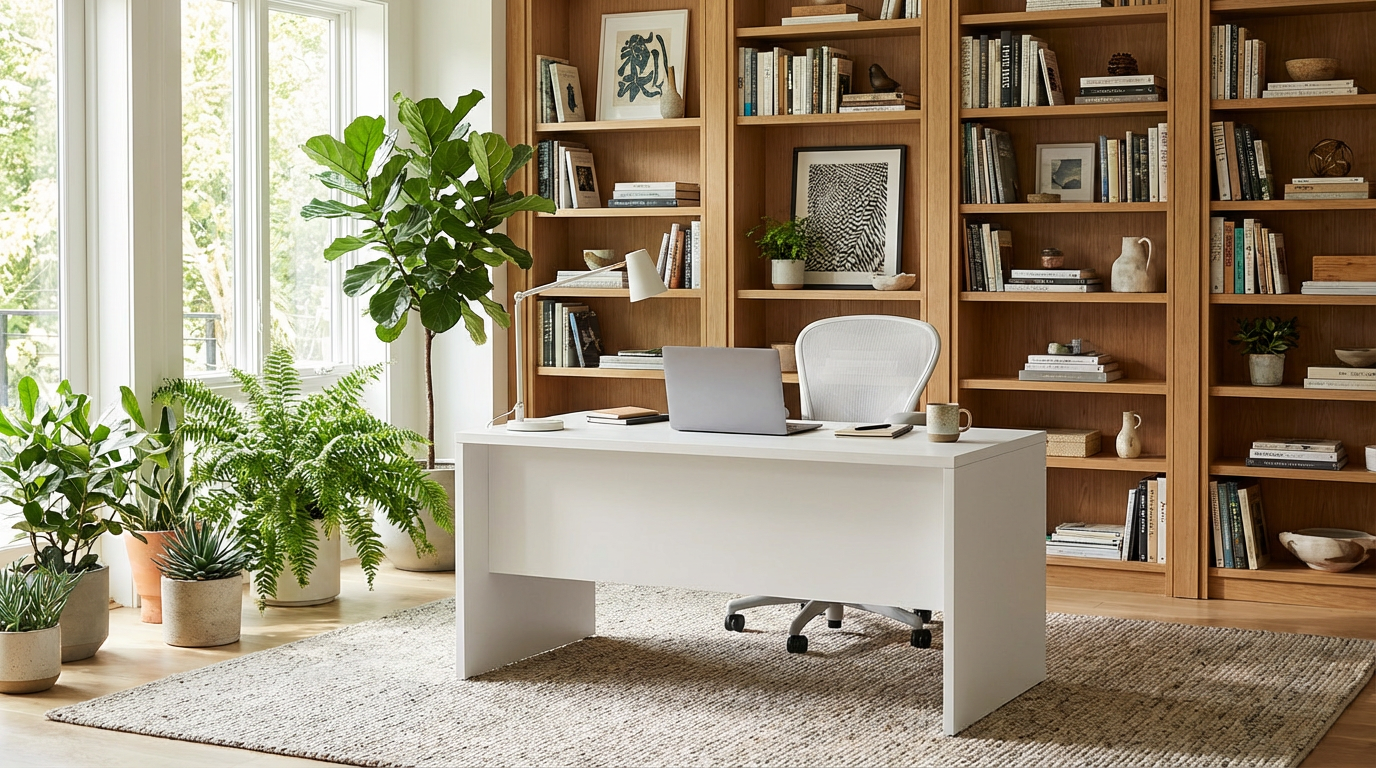 Office desk in industrial style home office after AI transformation